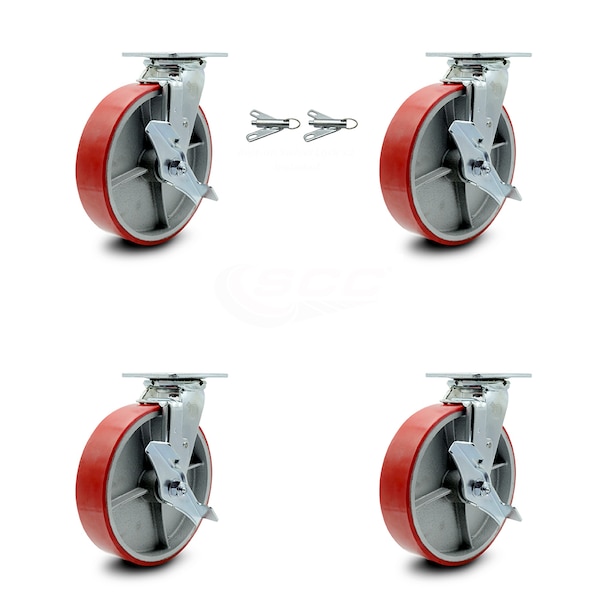 Service Caster 8 Inch Red Poly on Cast Iron Caster Set with Ball Bearings 4 Brake 2 Swivel Lock SCC-30CS820-PUB-RS-TLB-BSL-2-TLB-2 - main
